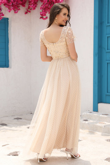 A Línea Tul Vestido de Fiesta Con Apliques Albaricoque